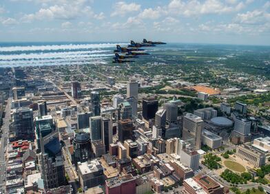 The U.S. Navy Flight Demonstration Squadron, the Blue Angels, honored frontline COVID-19 first responders and essential workers with formation flights over Nashville and Little Rock on May 14, 2020.