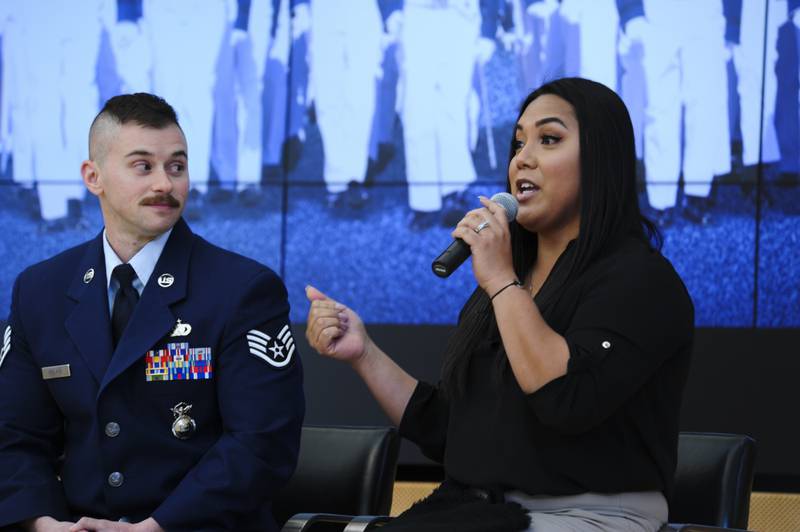 Staff Sgt. Logan Ireland and his wife, Laila, speak to an audience in Polaris Hall about transgender issues during the National Character and Leadership Symposium hosted by the U.S. Air Force Academy in 2018. (Tech. Sgt. Julius Delos Reyes/Air Force)