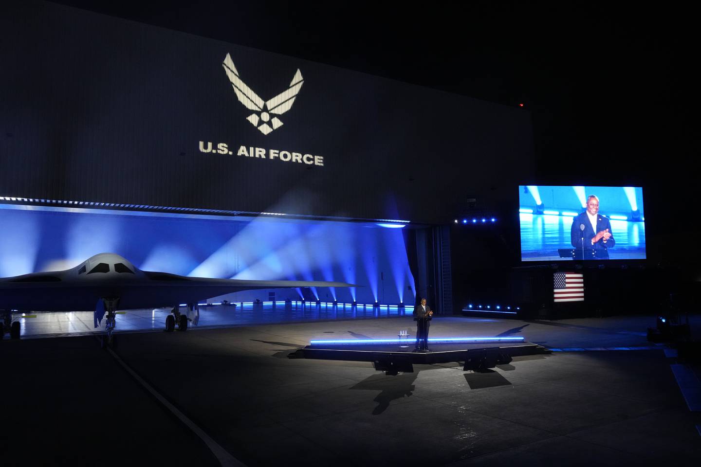 Secretary of Defense Lloyd Austin introduces the B-21 Raider stealth at Northrop Grumman Friday, Dec. 2, 2022, in Palmdale, Calif.