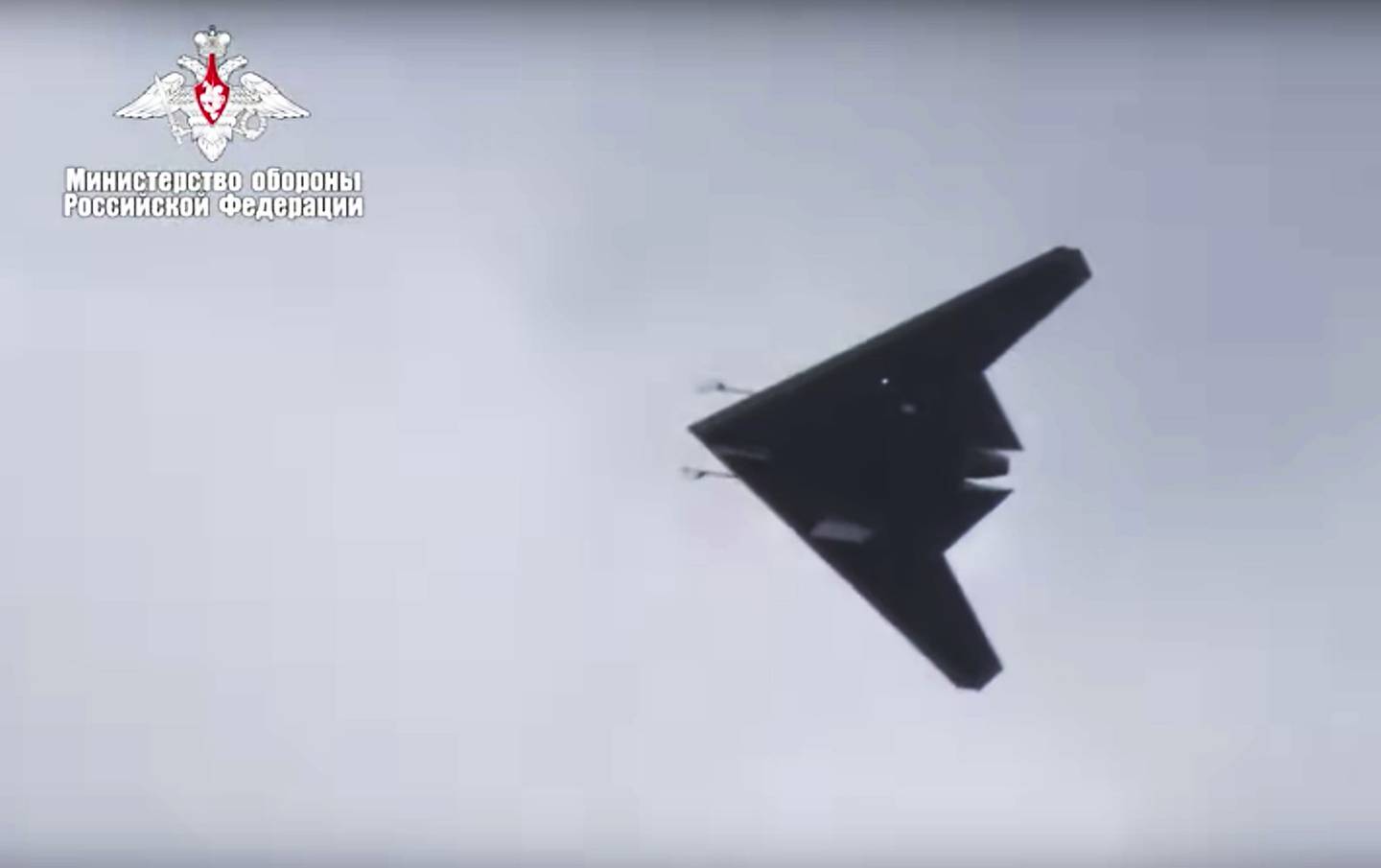 In this video grab made available on Wednesday, Aug. 7, 2019, by Russian Defense Ministry Press Service, Russia's military drone Okhotnik is seen in flight at an unidentified location in Russia.