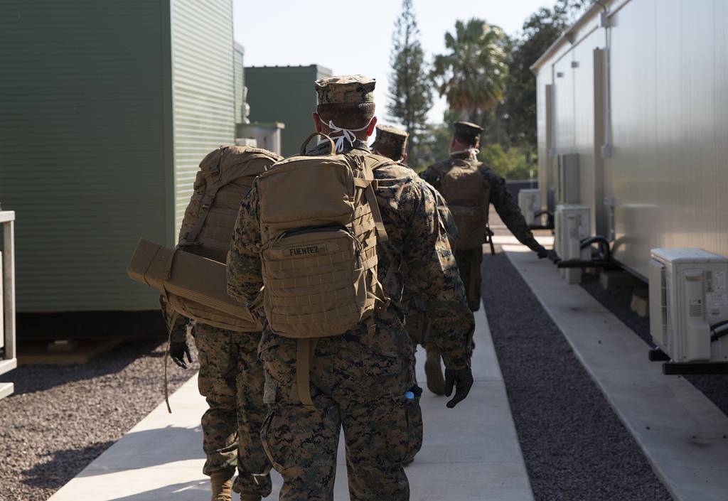 U.S. Marines arrive at a 14-day quarantine facility at RAAF Base Darwin in Darwin, Australia, June 2, 2020.