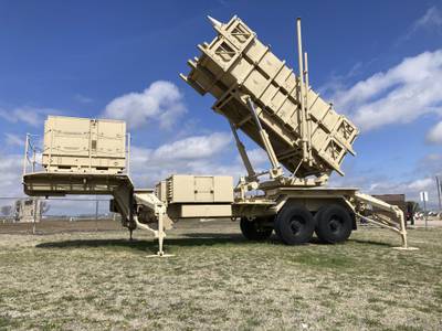 A Patriot missile mobile launcher is displayed outside the Fort Sill Army Post near Lawton, Okla., on Tuesday, March 21, 2023.